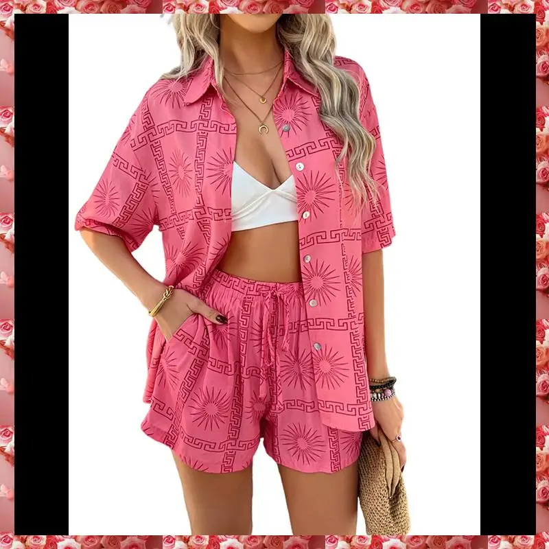 Women's Soft Summer Floral Tropical Print V Neck Tee Short Sleeve Button Top Shorts 2 Piece Sets