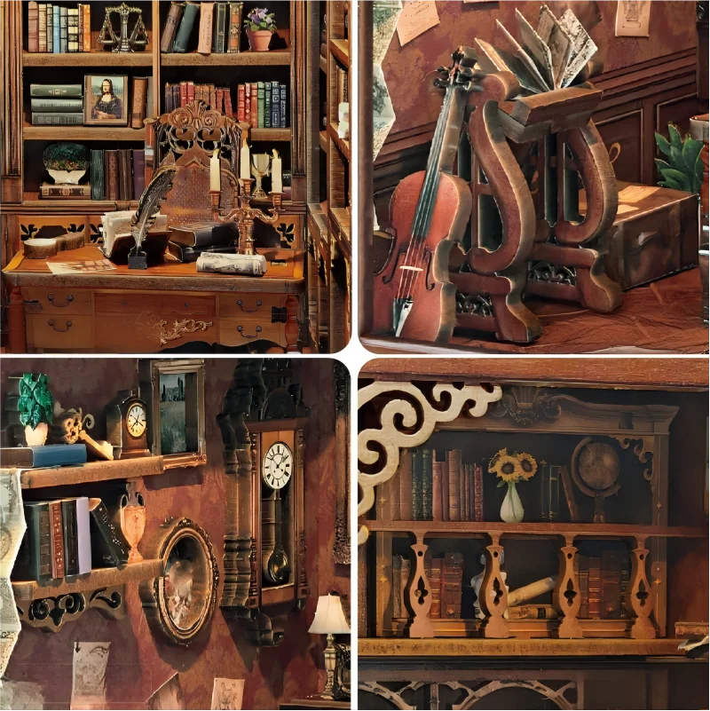 OUZEY 레트로 스터디 북 누크 DIY 키트 - 피규어가 포함된 3D 목재 미니어처 모델, 수집가용 북엔드 및 선물