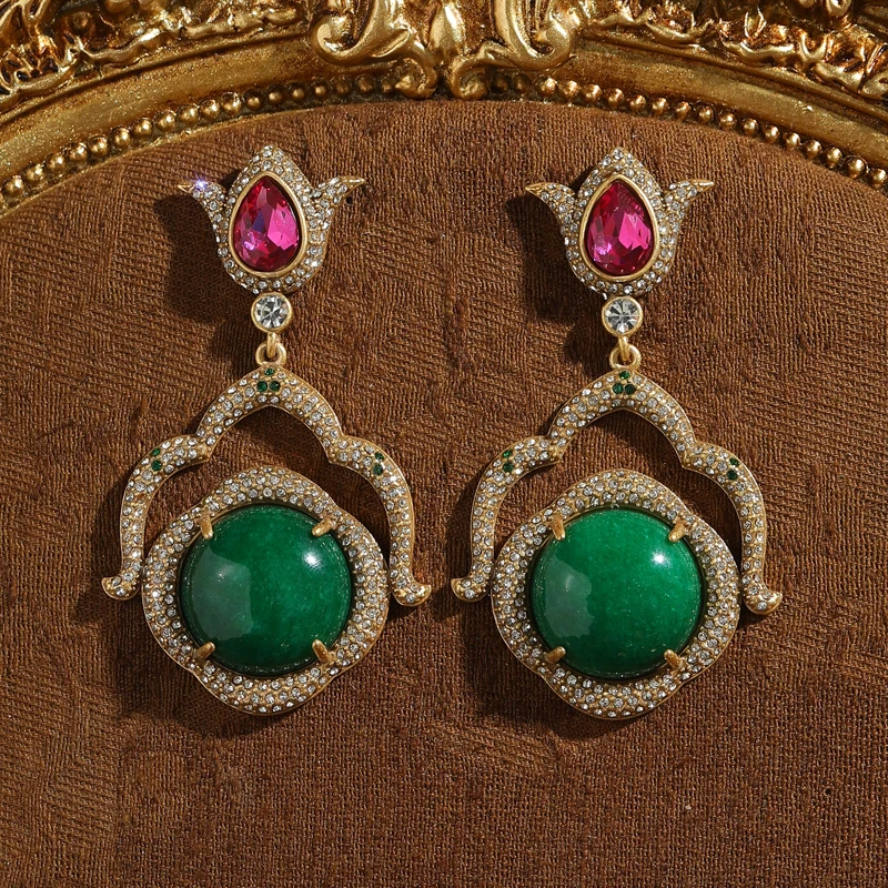 

Vintage Green Natural Stone Earrings Drop Pink Crystal Tulip Designer Antique Gold Plated Jewelry Luxury 2026 Anniversary Gifts
