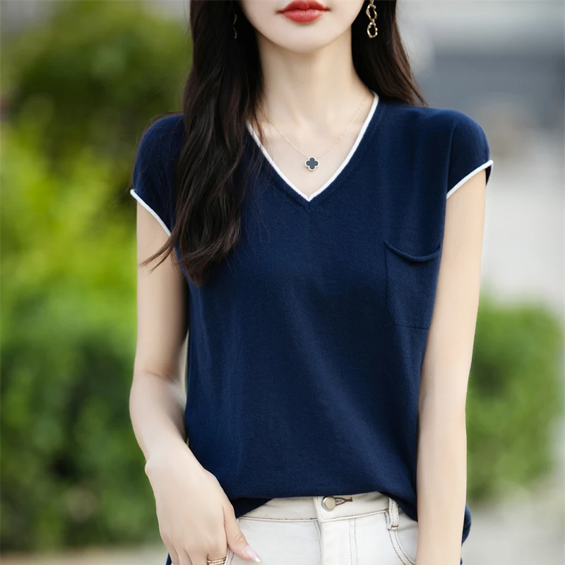 100% Pure Cotton T-Shirt Women's Knitted Patchwork Short-Sleeved Casual V-Neck Tees Summer Basic Loose Tops Versatile Pocket