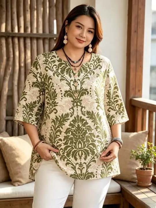 Plus Size Damask Floral Print Blouse Notch V‑Neck 3/4 Sleeve Decor Buttons Loose Boho Vintage Women Casual Shirt