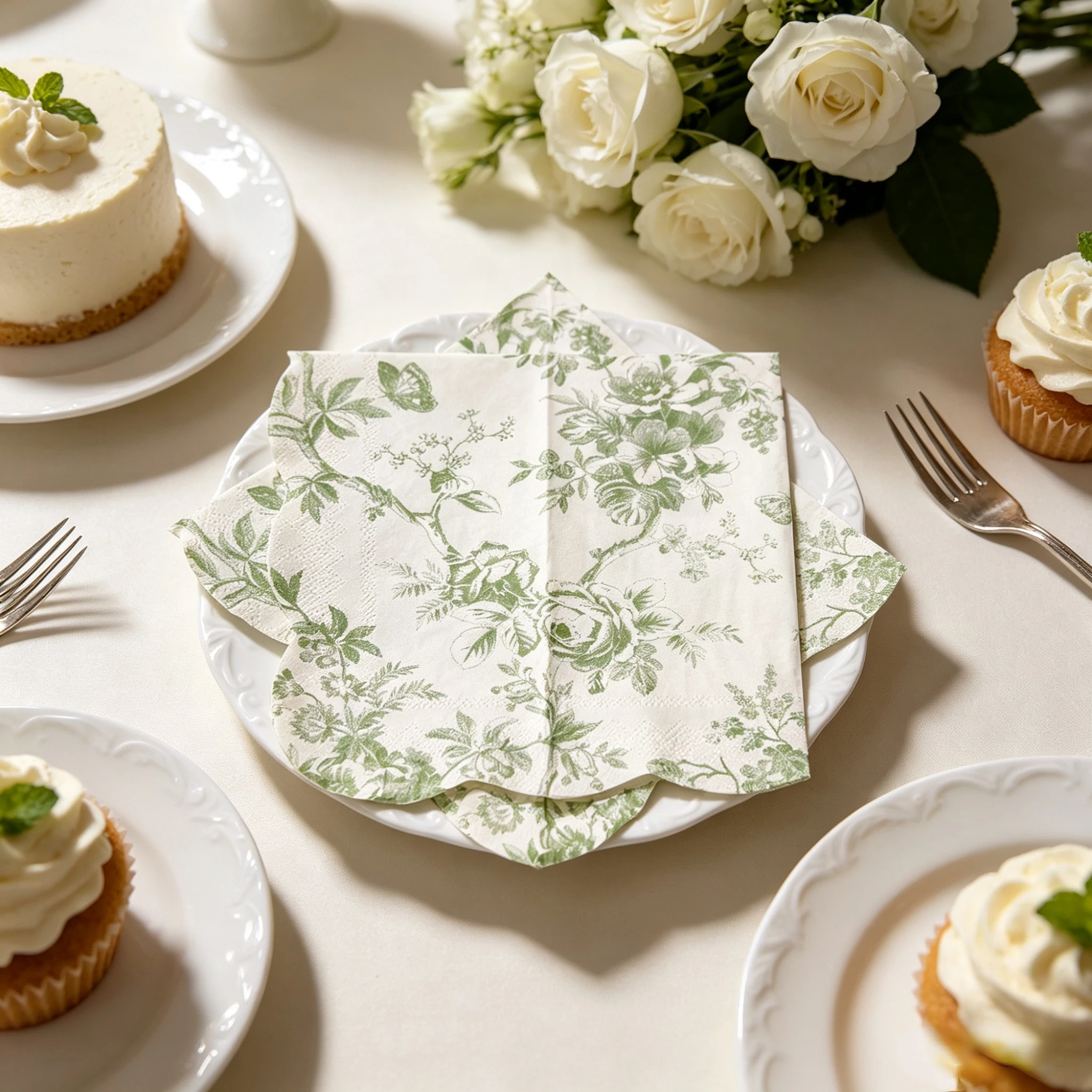 20 Stück Gewellte Grüne Rosen-Blumenranken Bedruckte Papierservietten, Hochzeit, Brautparty, Nachmittagstee-Party Tischdekoration