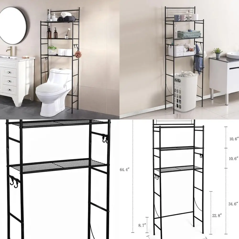 

Over-the-Toilet 3-Tier Wire Storage Rack with 4 Hooks, Black, Space-Saving Bathroom Organizer