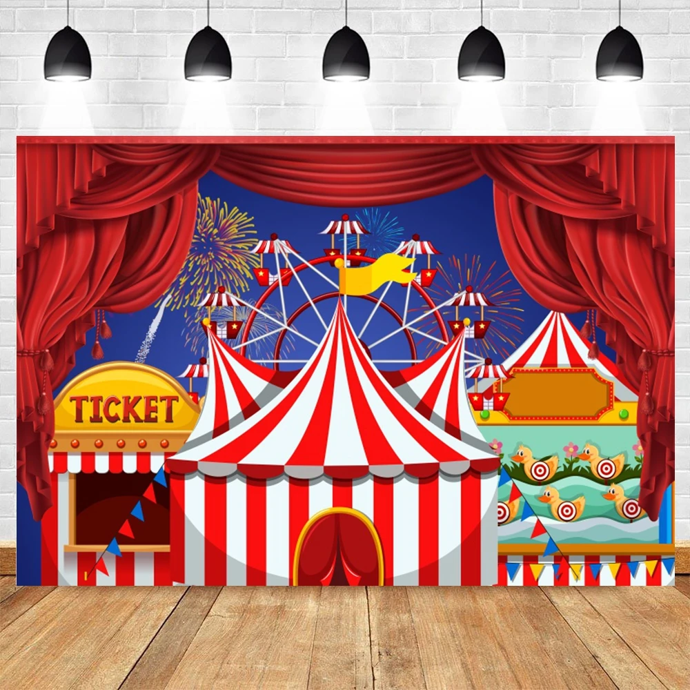 서커스 사진 배경 다채로운 풍선 레드 텐트, 놀이공원 관람차, 생일 파티, 베이비 샤워 사진 배경