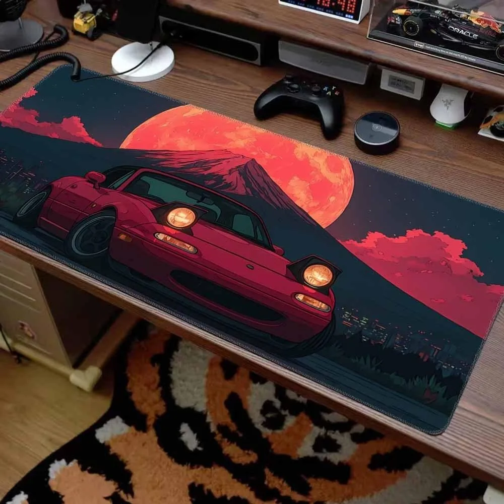 Tapis de souris de jeu en caoutchouc antidérapant, avec un design coloré, motifs voiture rouge et montagne Fuji, tapis de souris durable