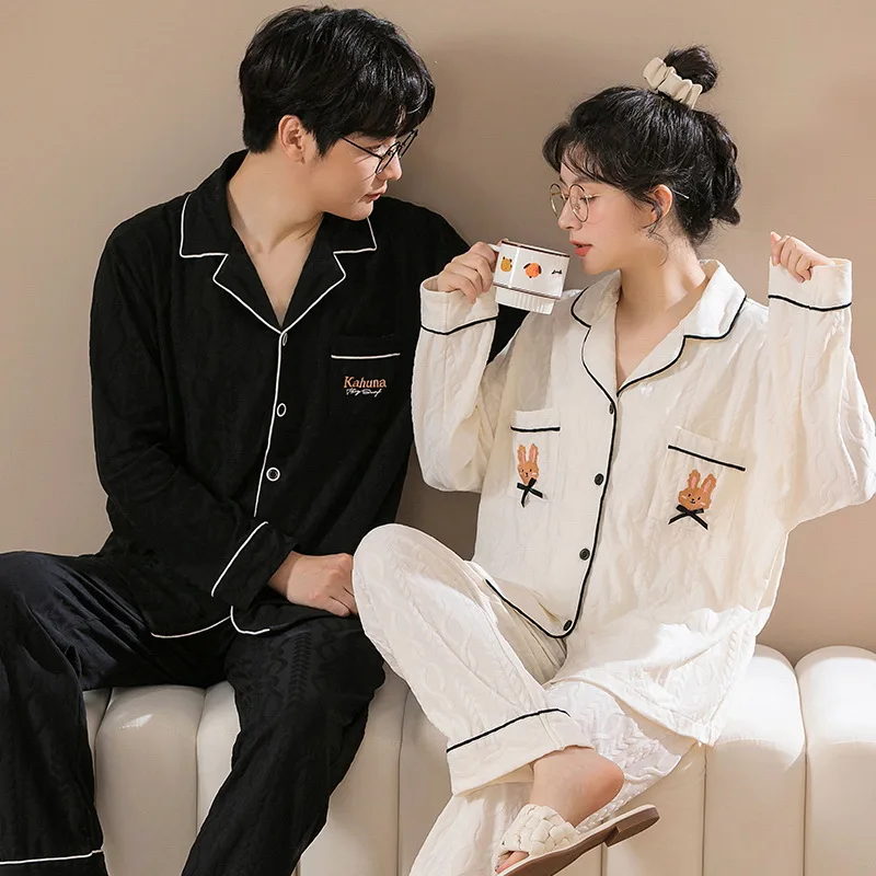 Cotton PJ Men's Sleepwear Adult Cardigan Pajamas for Couple Sleep Lounge Nightwear Mujer Women Pijamas Long Sleeves men pajamas