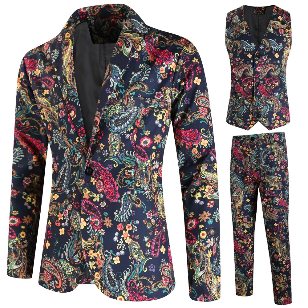 

New three-piece men's suit collection for business casual parties. Fashionable 3D printed men's suit for formal events.