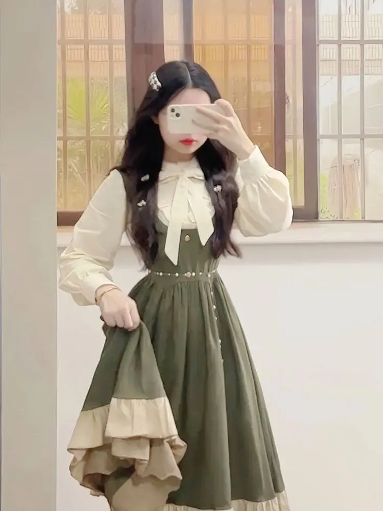 2025 New Japanese Korean Kawaii Preppy Lolita Design Strap Dress + Fashion Female Student Sweet Bow Tie Up Shirt Two Piece Sets