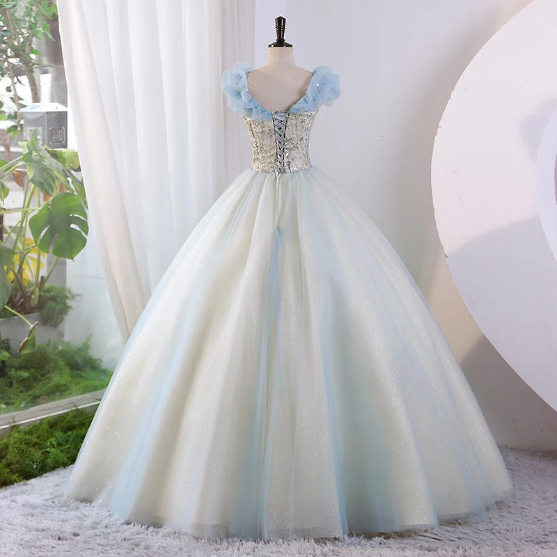 light blue ruffled vintage ball gown royal Medieval Renaissance Victorian dress Belle ball