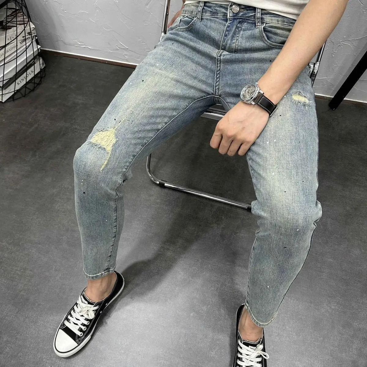 

Men's Slim Jeans Casual Pencil Pants Spring Autumn Blue Stone Washed Ripped Hole Legging Jeans Streetwear Cowboy Pants for Men