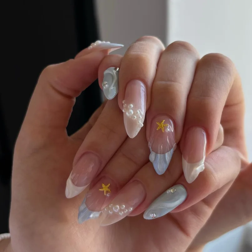 24 piezas de uñas postizas estilo verano en forma de almendra francesa con estampado de estrellas de mar y flores, desmontables, cubierta completa, para mujer 2