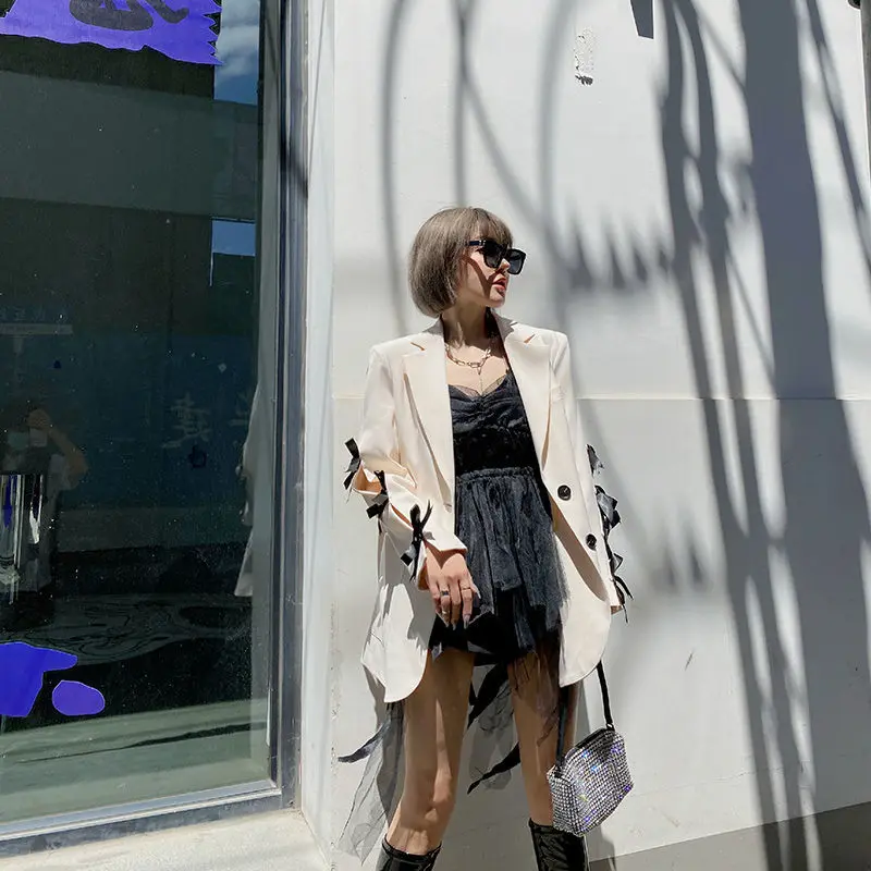 KUSAHIKI Autumn Causal Women Tailored Coat Korean Hit Color Bow Tie Hollow-out Long Sleeve Jacket 2023 New Blazers Outwear