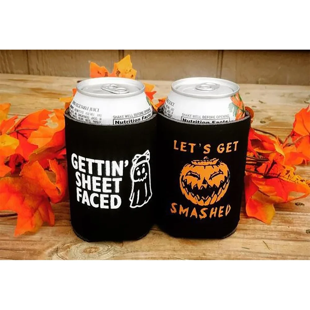 Halloween Pumpkin Ghost can coolers Black Reusable drink covers decorations Drinking Accessories for Beer Soda Beverages Sleeves