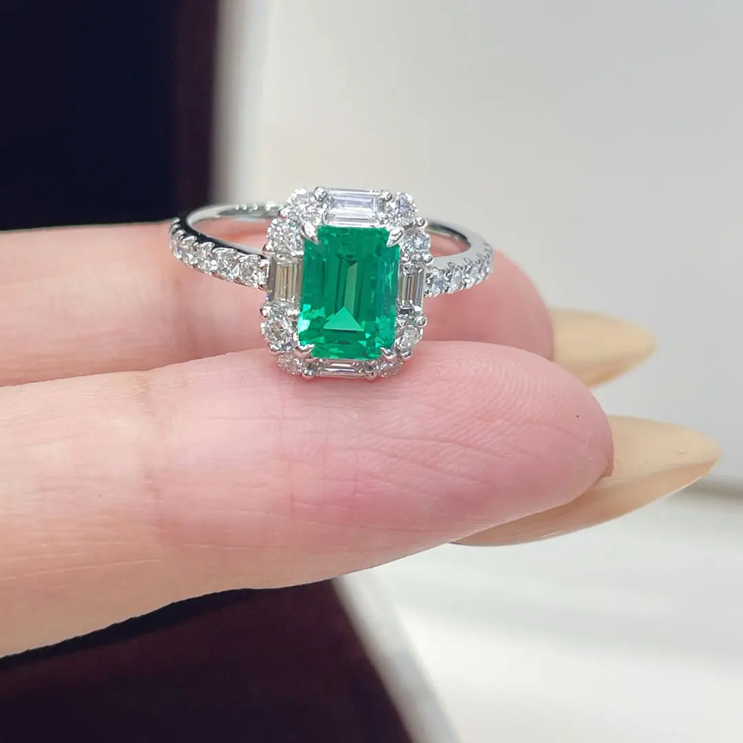 

Customizable 14k White Gold Emerald Cut Lab Grown Emerald & Diamond Halo Engagement Ring for Women with Certificate