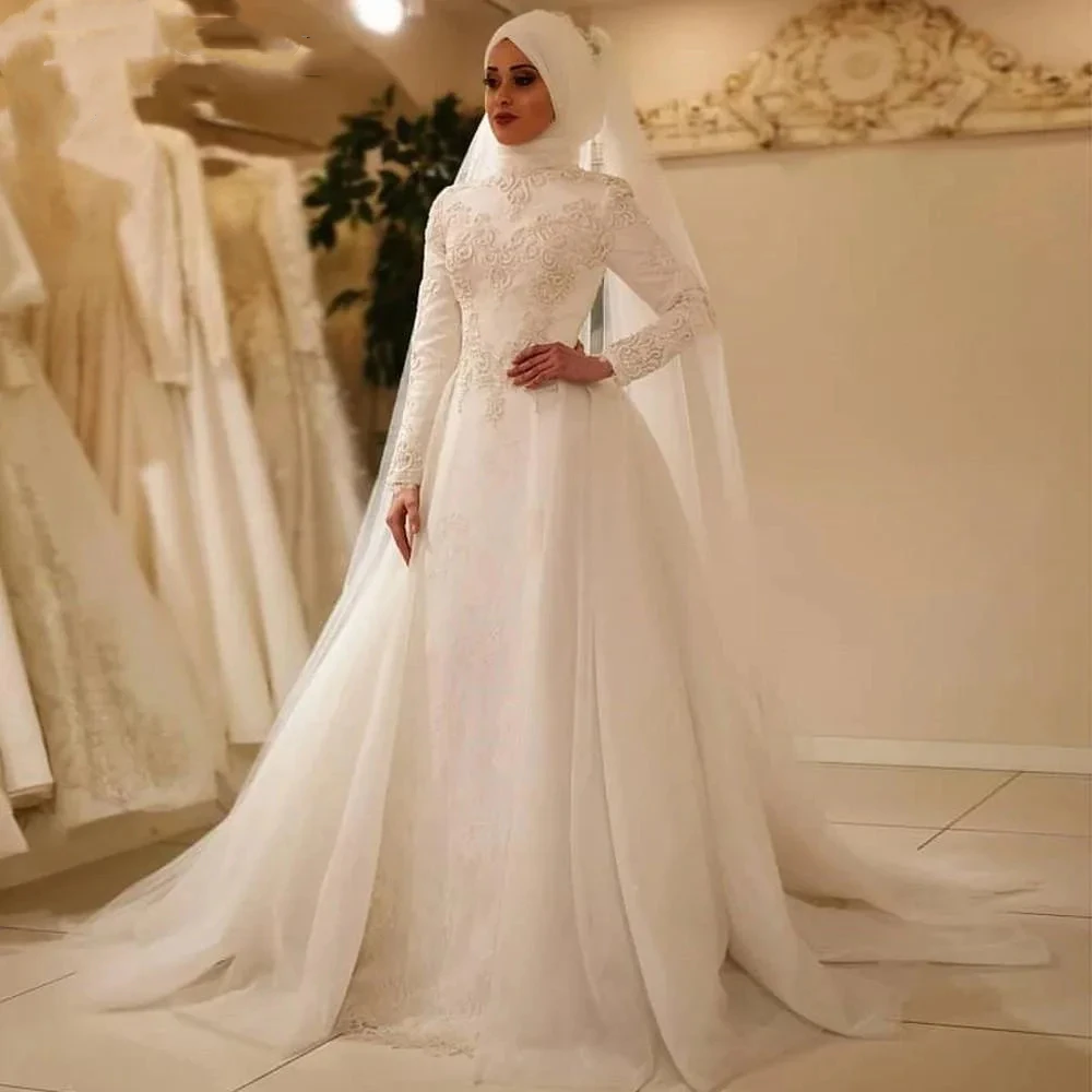 

Ivory Muslim Wedding Dress With Detachable Train Long Sleeves Bridal Gowns For Women Lace Appliques Beaded Customized Arabic