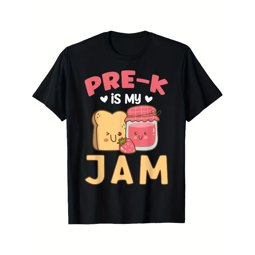 Camiseta divertida con estampado gráfico de 'Pre K Is My Jam' con personajes de mermelada y fresa, negra, de corte relajado, cuello redondo, para padres y profesores de preescolar, lavable a máquina, estilo casual, camisetas gráficas 3D, estilo retro clásico, cuello redondo, manga corta