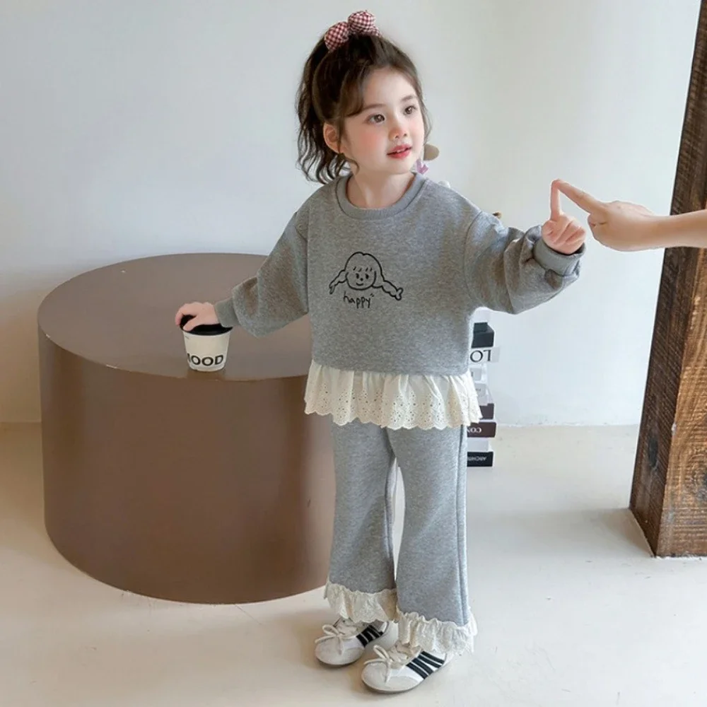

Весенне-осенний однотонный детский комплект, кружевной топ с длинными рукавами и принтом из мультфильма + брюки, повседневная одежда из 2 предметов для девочек