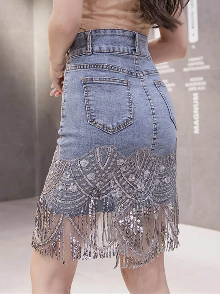 Summer 2025 Korean Sexy Women Denim Skirt Mini Skirt Stretchy High Waist Sequined Tassel Blue Package Hip Jeans Skirts 4N911