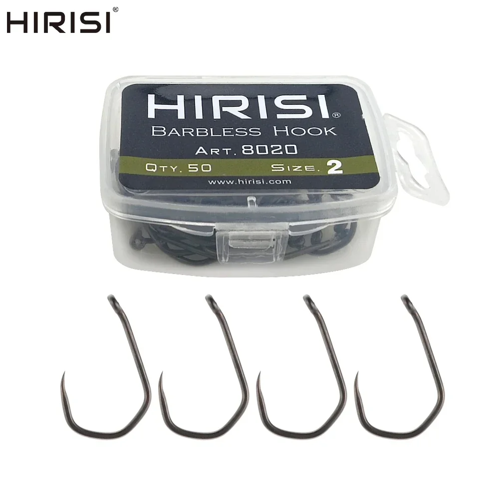 Hirisi 50pcs PTFE Coated High Carbon Stainless Steel Barbless Fishing Hooks With Eye 8020 Fishing Accessories