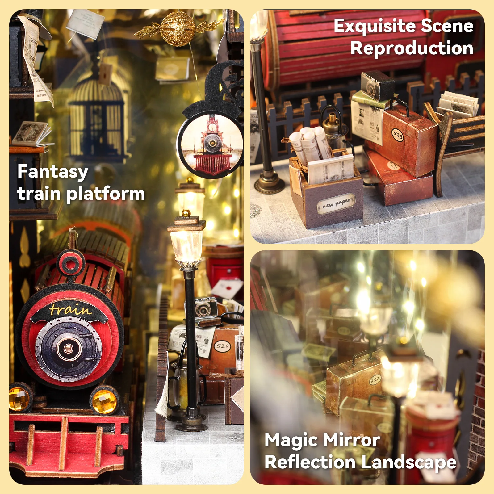 DIY Wooden Train Station Book Nook Shelf Insert Kit Miniature Model Kits Bookshelf With Light Bookend for Friends Birthday Gifts