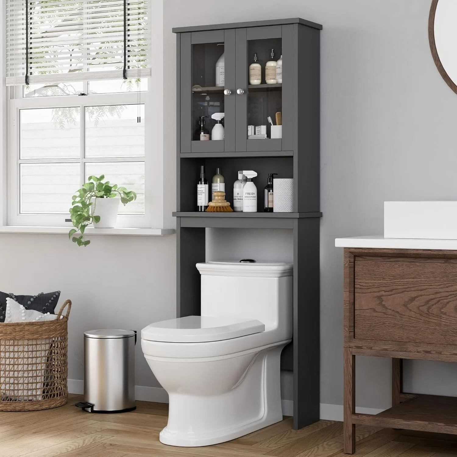 Over The Toilet Storage Cabinet, Bathroom Shelf Organizer w/ Anti-Tip Device w/ Adjustable Shelf & Glass Door, Gray