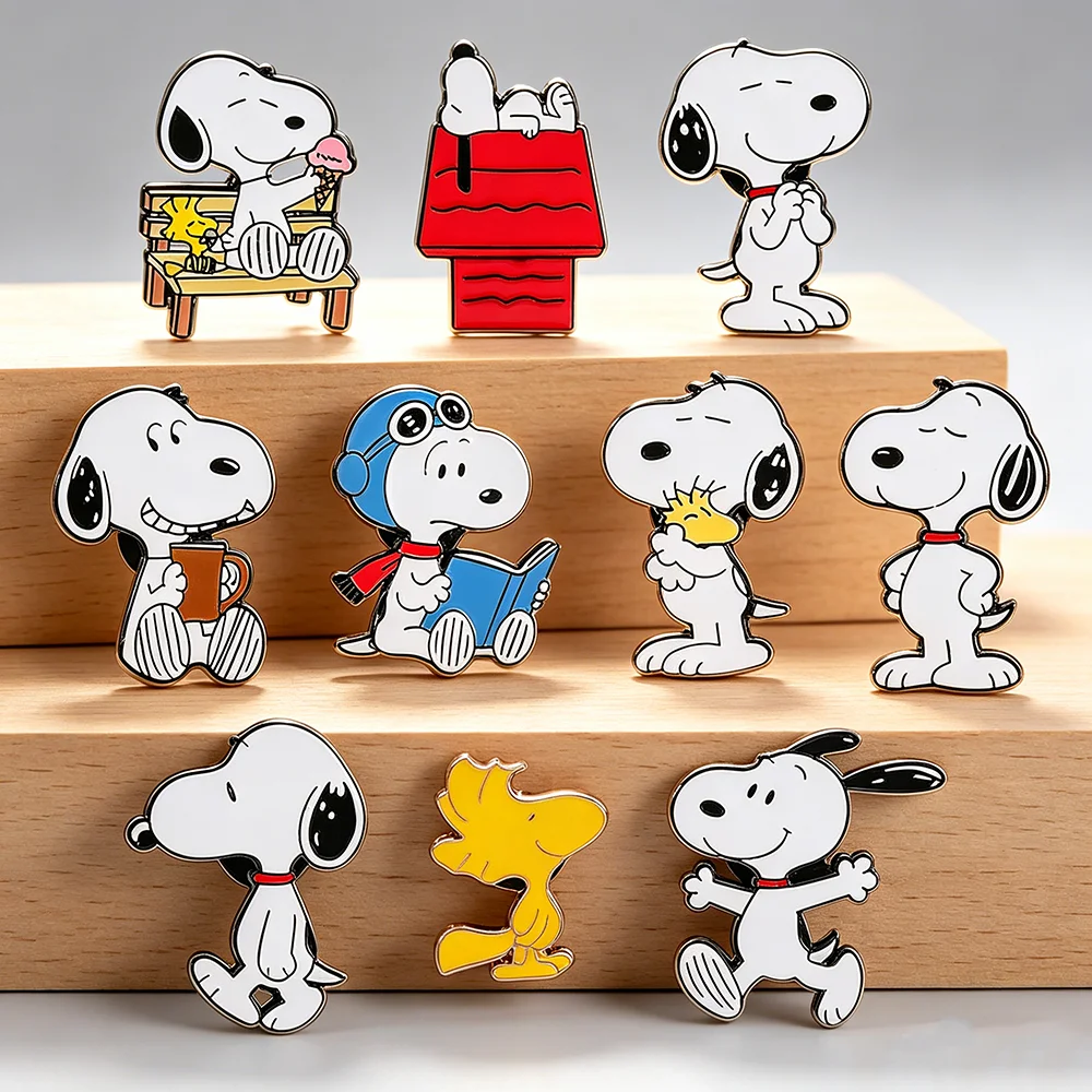 10pcs Snoopy Enamel Pins Set Cartoon Charlie Brown Woodstock Kawaii Anime Metal Brooches Cute Lapel Pins for Backpack