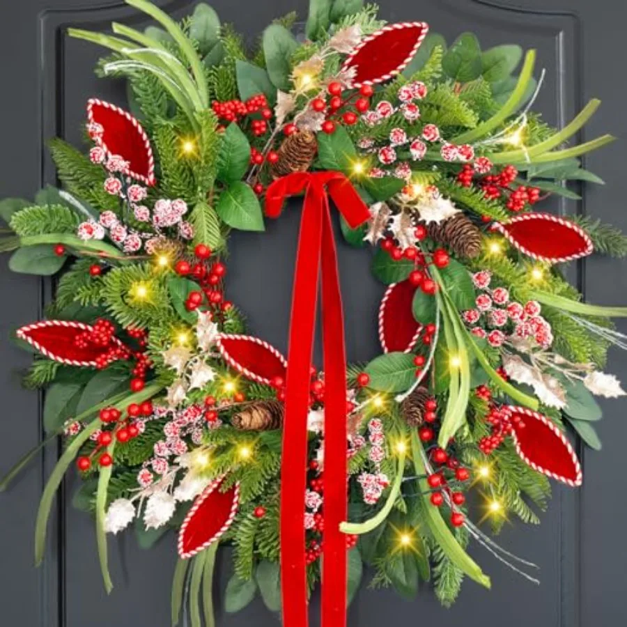 

Christmas Wreath with Lights, Outdoor Pre-lit Christmas Wreaths for Front Door-24 Inch Xmas Door Wreath with Pine Needles Pine