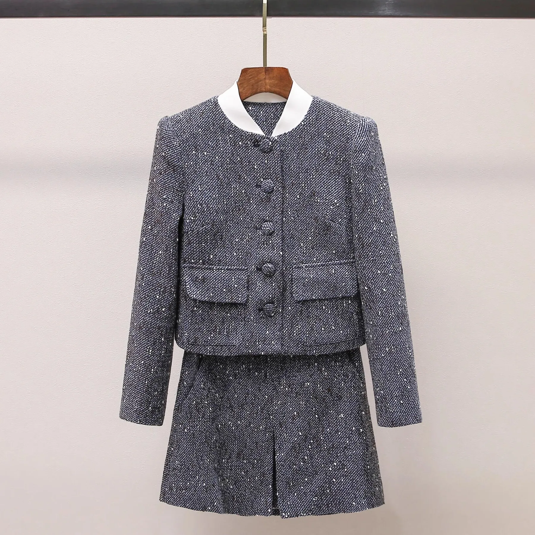 Luxury 2025 Spring Wool Coarse Tweed Two Piece Matching Set Women's Autumn Grey Jackets Short Skirts Suits 2pcs Outfits