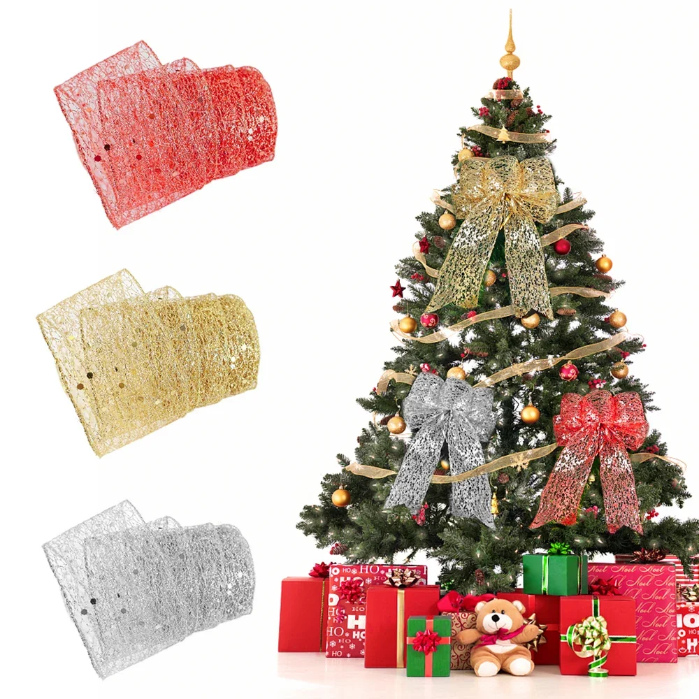 2M Christmas Gauze Ribbon Wrapping Xmas Tree Christmas Hollow Out Shiny Ribbon Party Decorations Bowknot Wreath Ornament Gifts