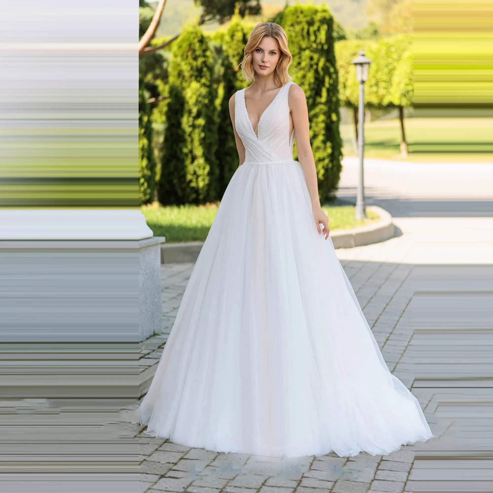 

2025 Sexy V-Neck A-Line Women Wedding Dresses Exquisite A-Line Tulle Bridal Gowns Princess Mopping Length Party Gowns Customized