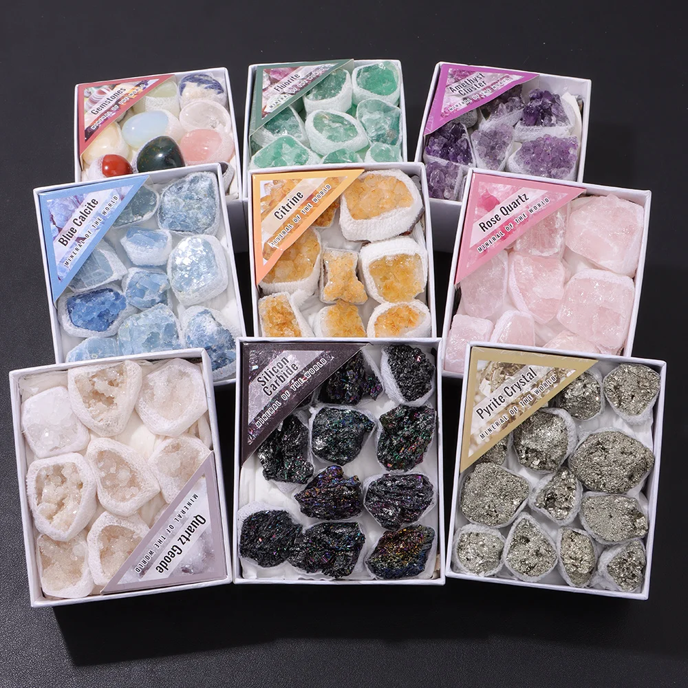 Natural Amethyst Geode,Silicon Carbide,Pyrite Crystal,Citrine,Rose Quartz Mineral Specimens Box Premium Stone Collector Gift Set