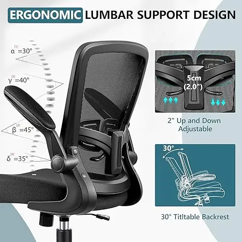 Silla de oficina Silla de escritorio ergonómica con soporte lumbar ajustable y altura, 90 °   Reposabrazos abatibles, sillas de escritorio Ergo con ruedas,