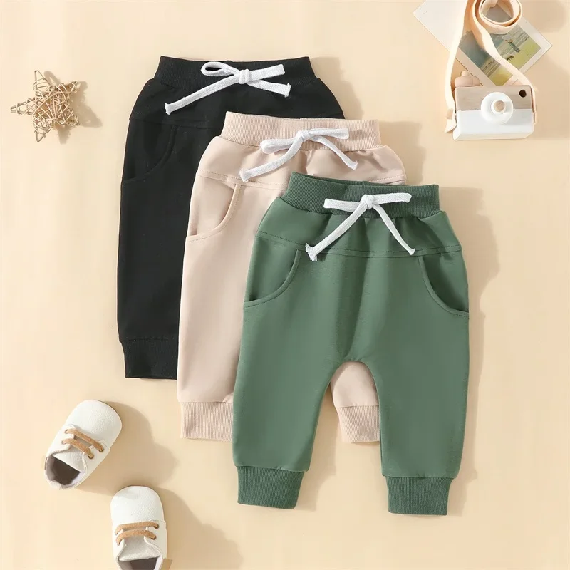 Newborn Baby Boy Pants 3-Pack Toddler Joggers Solid Color Soft Boys Bottoms Sweatpants with Drawstring