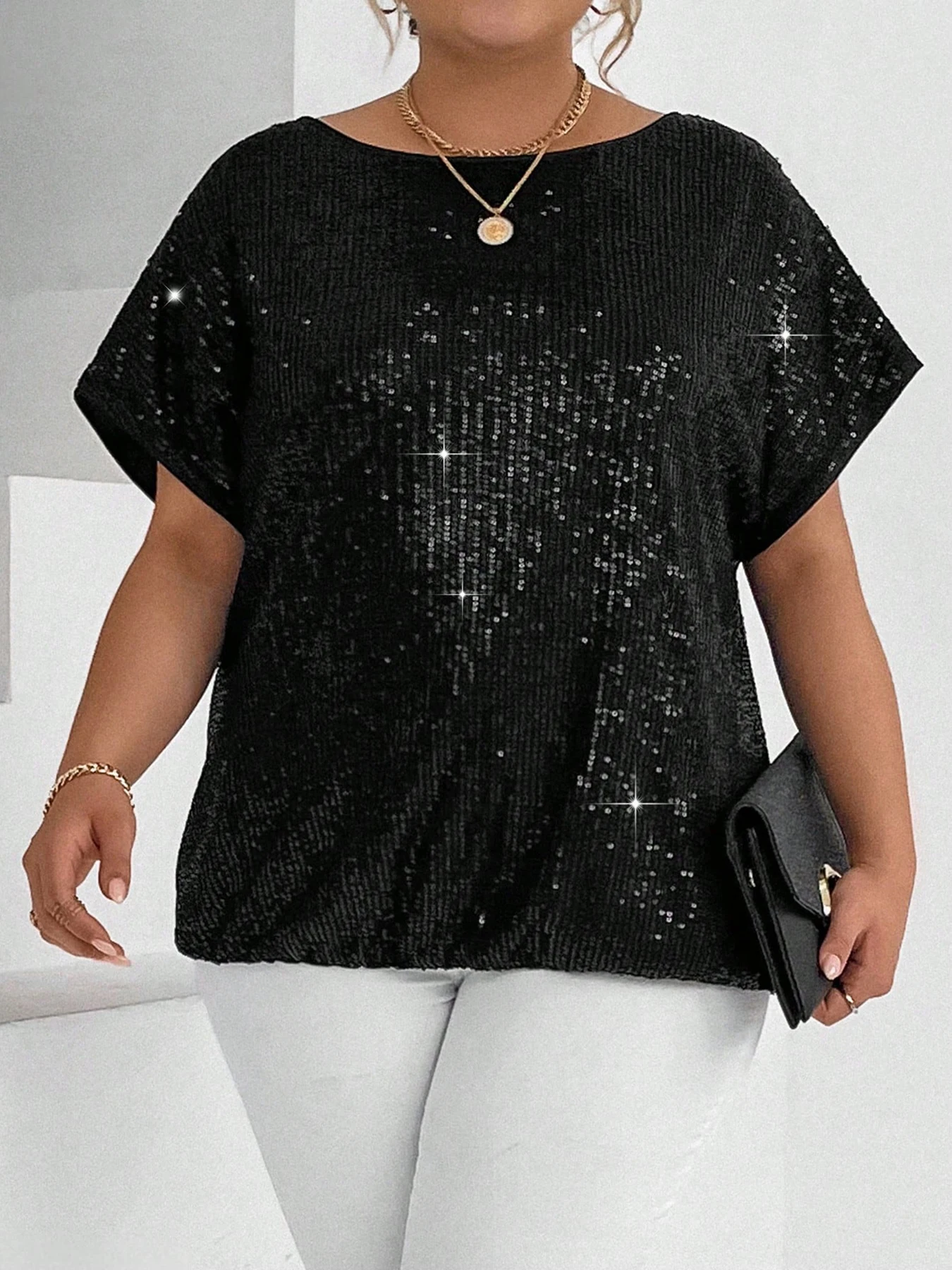 Plus Size Women All Over Sequin Blouse Boat Neck Dolman Short Sleeve Loose Hide Belly Glitter Sparkly Tunic Top Evening Party Cl