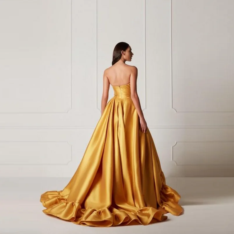 Saudi Arabische Gouden Jurken Vrouwen Vestido De Festa Strapless Een Lijn Gedrapeerde Satijnen Prom Feestjurken Lange Custom Dubai Avondjurk