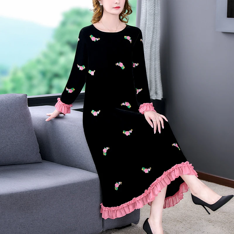 Women Autumn & Winter Elegant Velvet Dress Festa High Quality Long Cocktail Party Robe Embroidery Designer Loose Vestidos