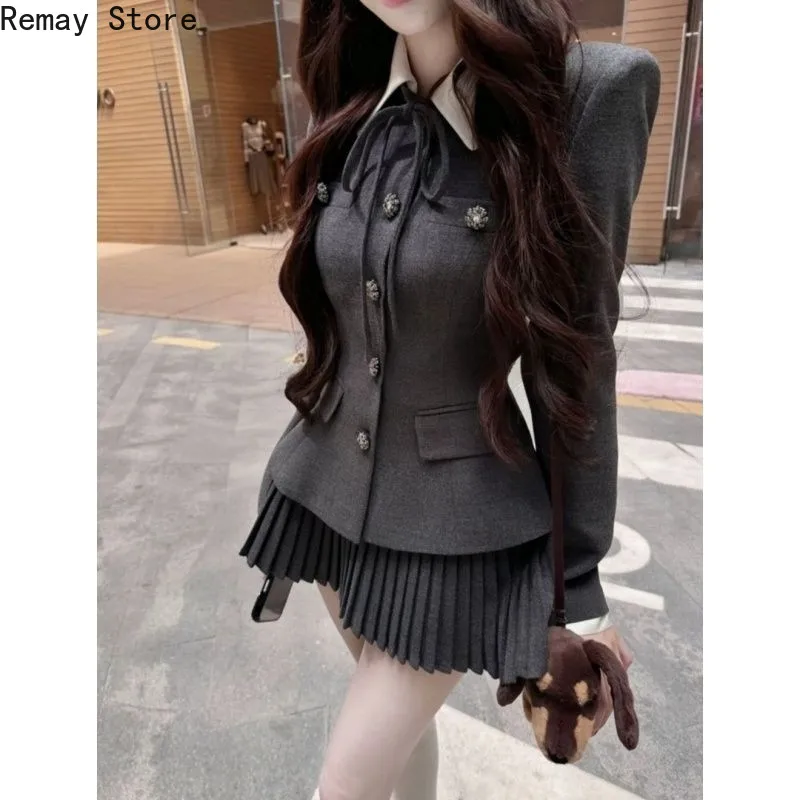 American Vintage Korean Fashion Y2k Women 2 Piece Set Gary Suit Coat + Mini Skirt Harajuku Gothic Lolita Design Slim Fit Outfits