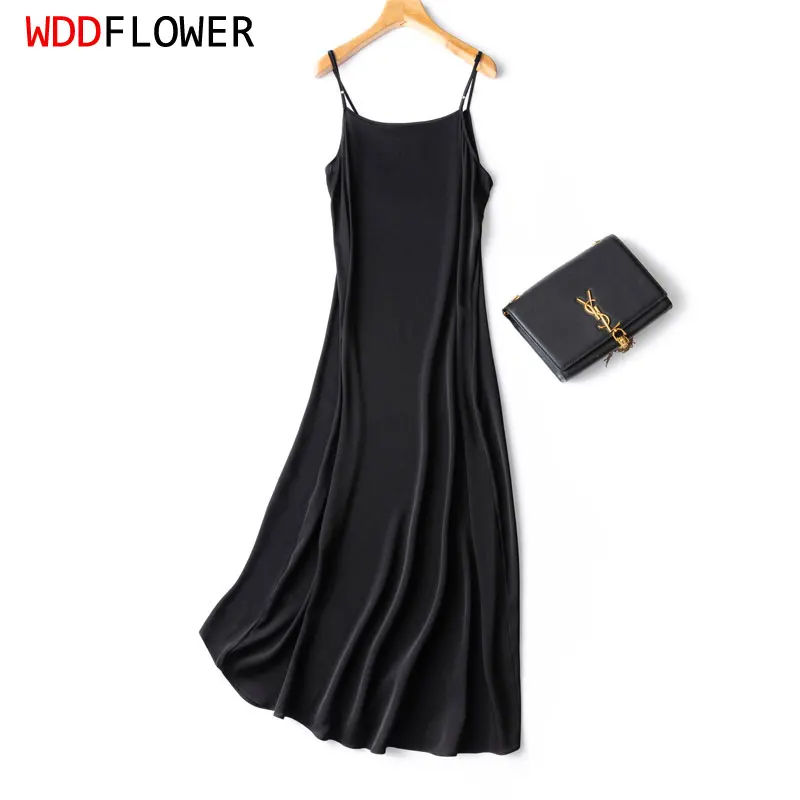 Women's 16 momme 93% Mulberry Silk 7% Spandex black adjustable straps full slip chemise extended long Maxi Dress M L XL QQ001