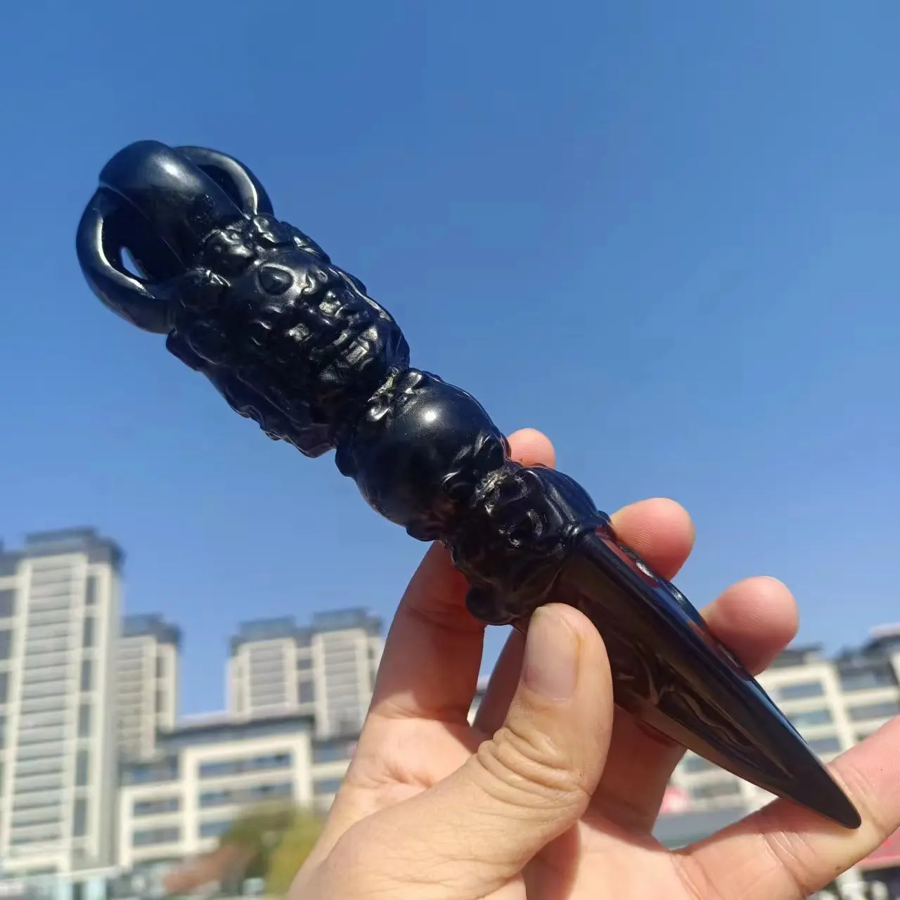 Natural Obsidian Carving Phuba Jin Gang Pestle Quartz Crystal Wand, Mineral Reiki Healing Stone, Home Office Degaussing