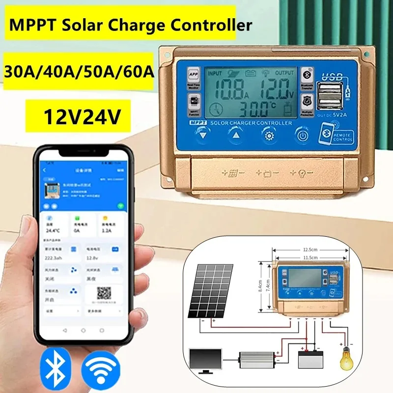 大型デジタルLCDディスプレイ,ソーラー充電コントローラー,Bluetooth,Wi-Fi,MPpt,12v,24v,30a,40a,50a,60a