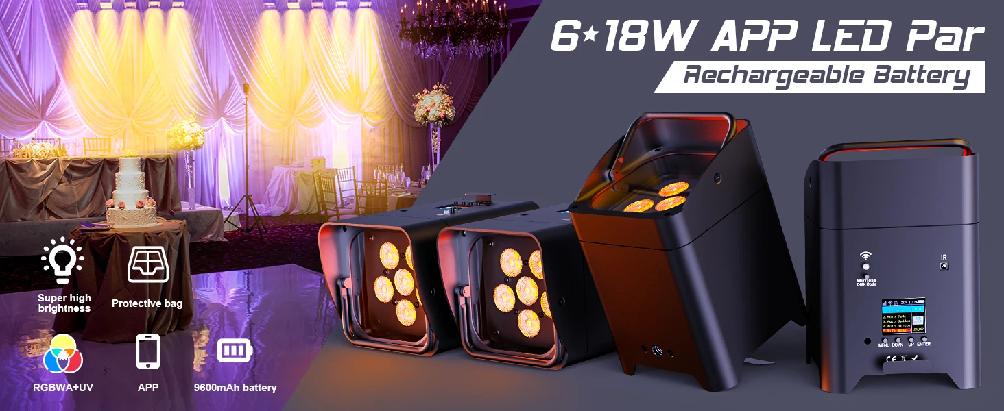 U'King 4PCS 6x18W 6IN1 RGBAW + UV Par Licht mit Tasche DMX Fernbedienung WiFi Par Licht Drahtlose LED Bühne Licht für DJ Bar Party – Detail 1