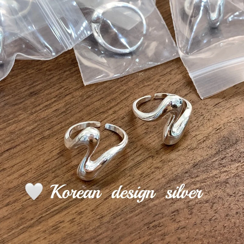 

Korean Ins Wind Blogger with The Same Jewelry S925 Sterling Silver Wave Heavy Industry Open Ring Stacked Women's