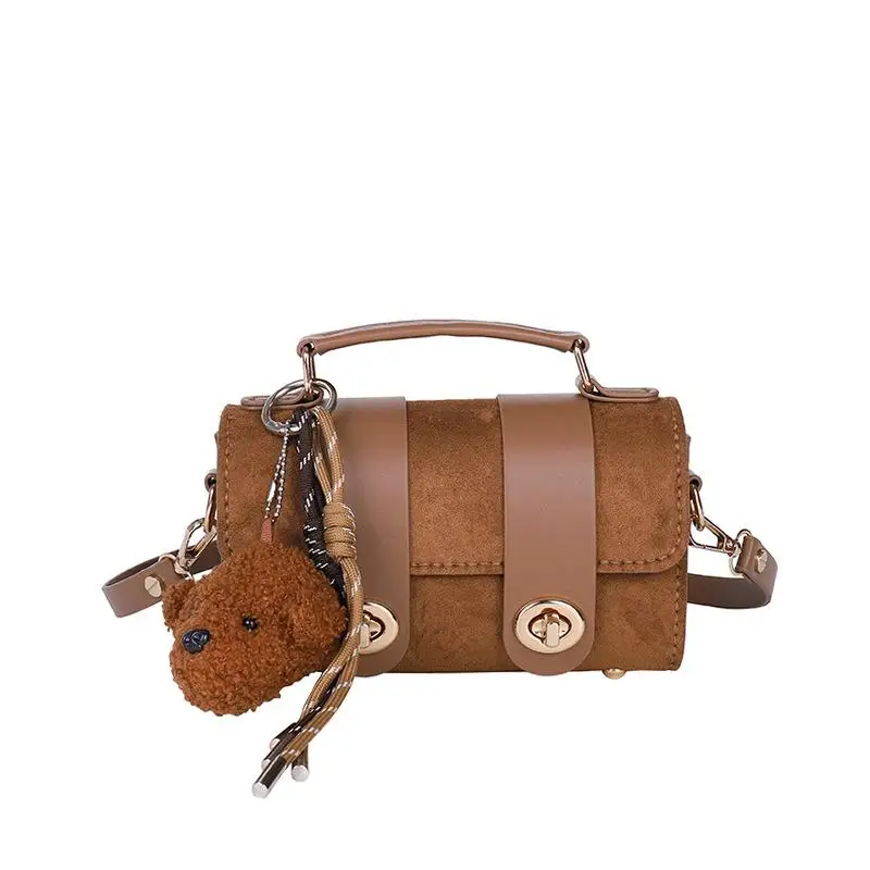 DIY Knitted Bag  Beginner-made brown small square bag  Cartoon bear pendant hand-held pillow underarm bag  Casual womens bag view 5