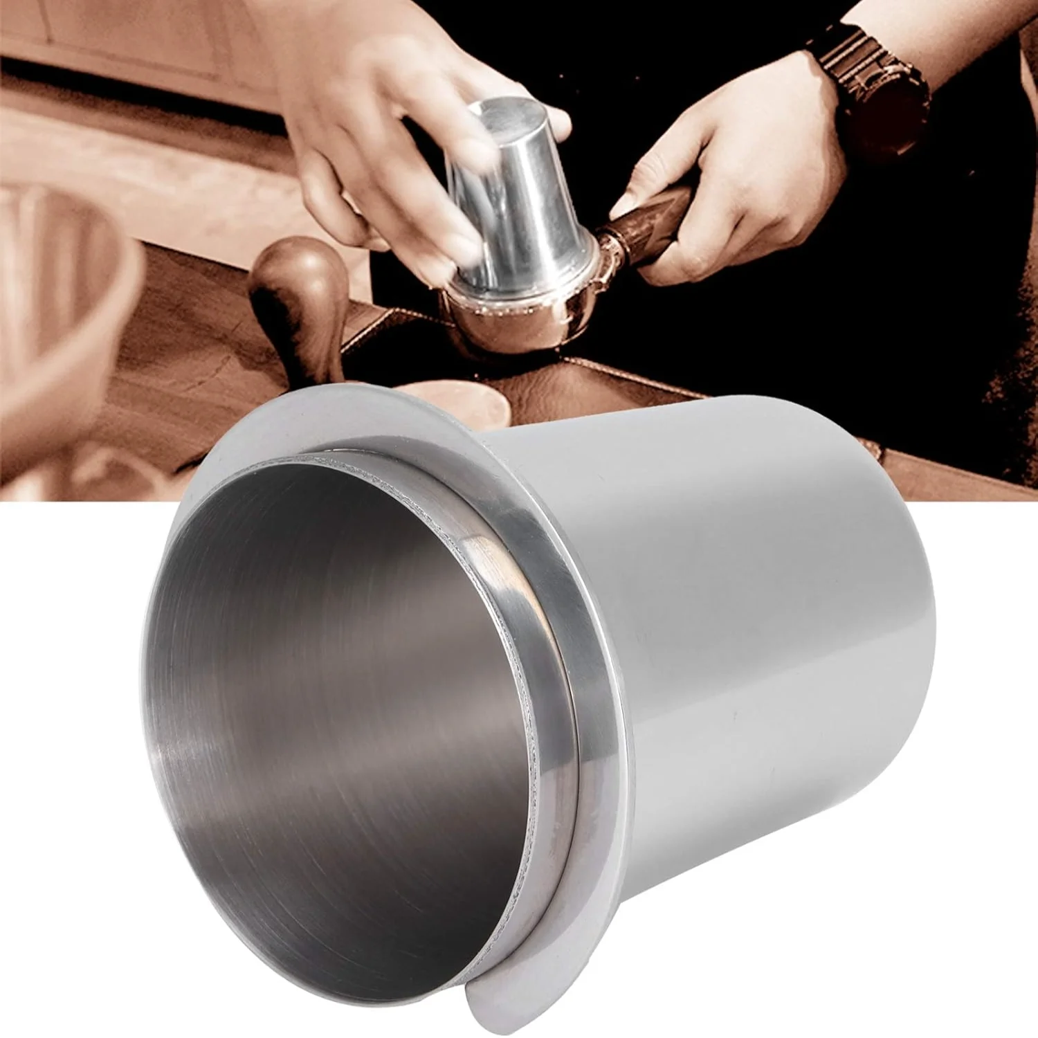 

Coffee Dosing Cup, 51mm Stainless Steel Coffee Machine Handle Dosing Mug Coffee Powder Feeder Part