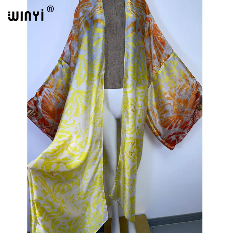 Africa WINYI new silk feeling sexy Unique printing Beach Wear Swim Suit Cover coat Elegant Women Boho Holiday Long Sleeve Kimono