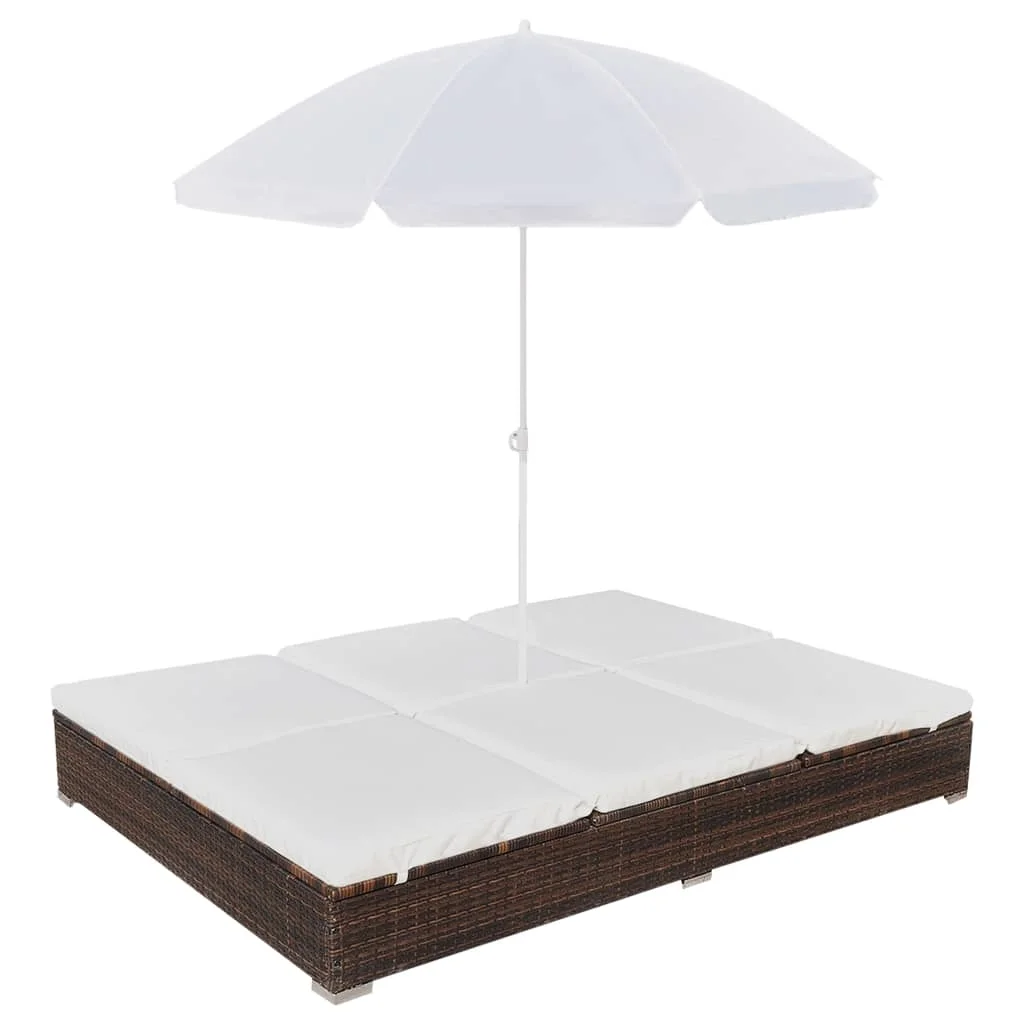 Chaise longue d'extérieur avec parasol, en résine tressée marron, transat inclinable pour jardin et terrasse