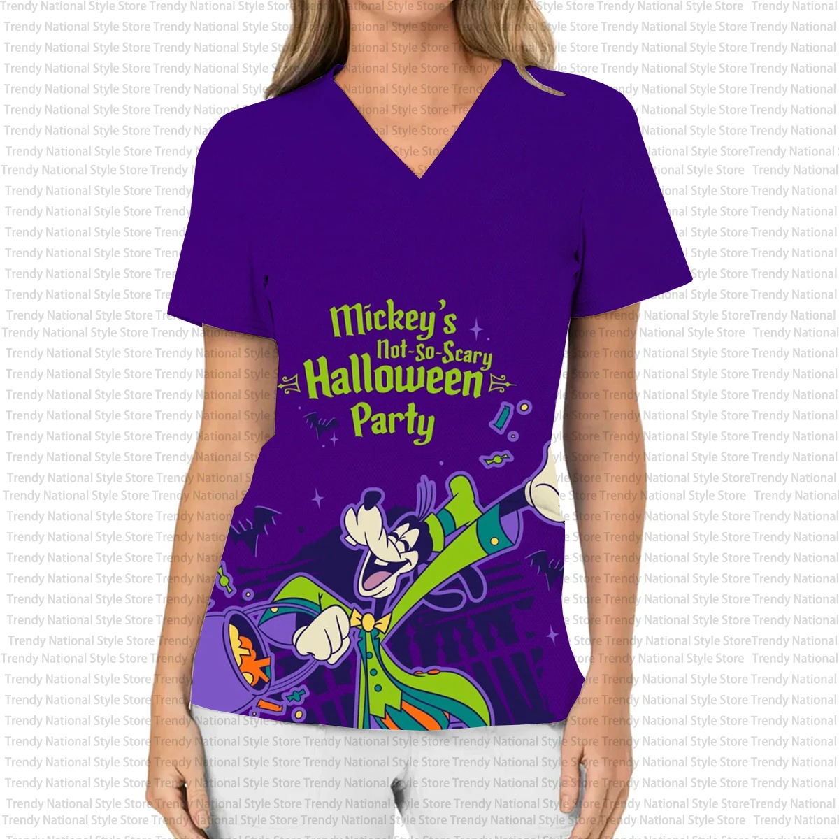 Estate Halloween Topolino e Minnie Stampa Tasca con scollo a V da donna Manica corta Top smerigliato T-shirt uniforme per negozio di animali dentali ospedaliero