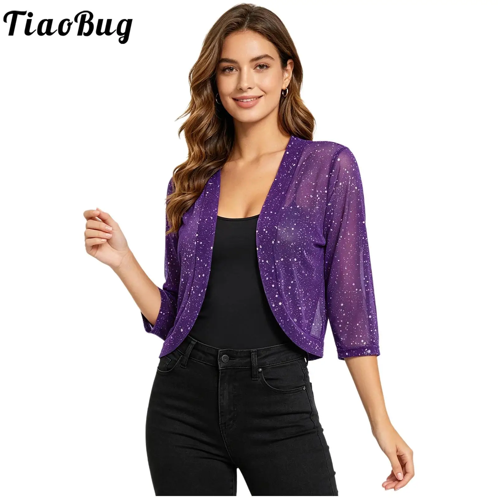 Women Summer Sheer Mesh Cropped Bolero Tops Casual Spots 3/4 Sleeve Open Front Curved Hem Cardigan Shrugs Shawls Jacket Shirt