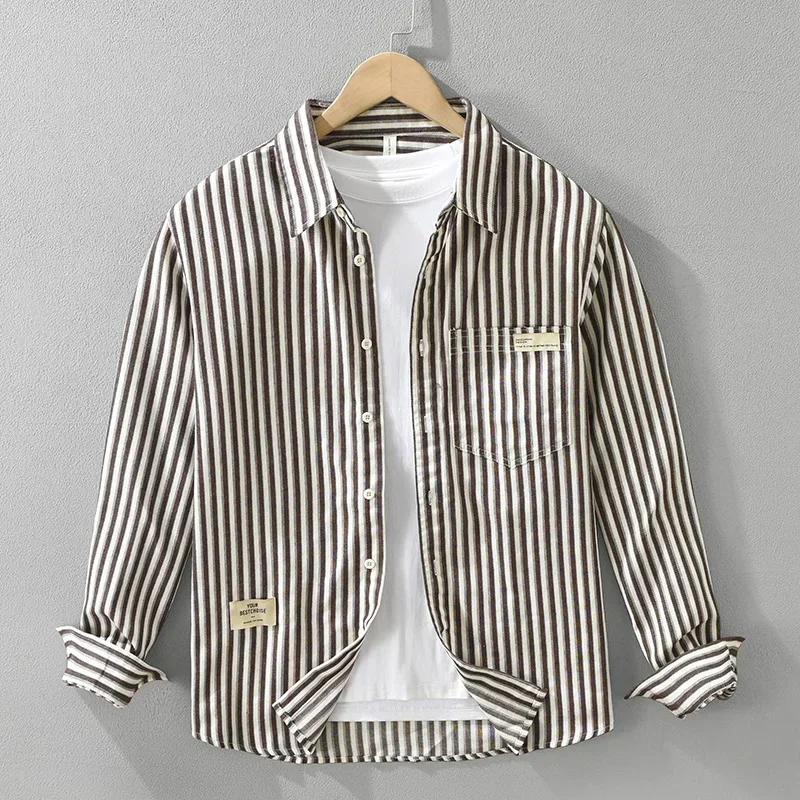 2024 Autumn New Casual Striped Shirts for Men Cotton Vintage Loose Shirts Men's Clothes