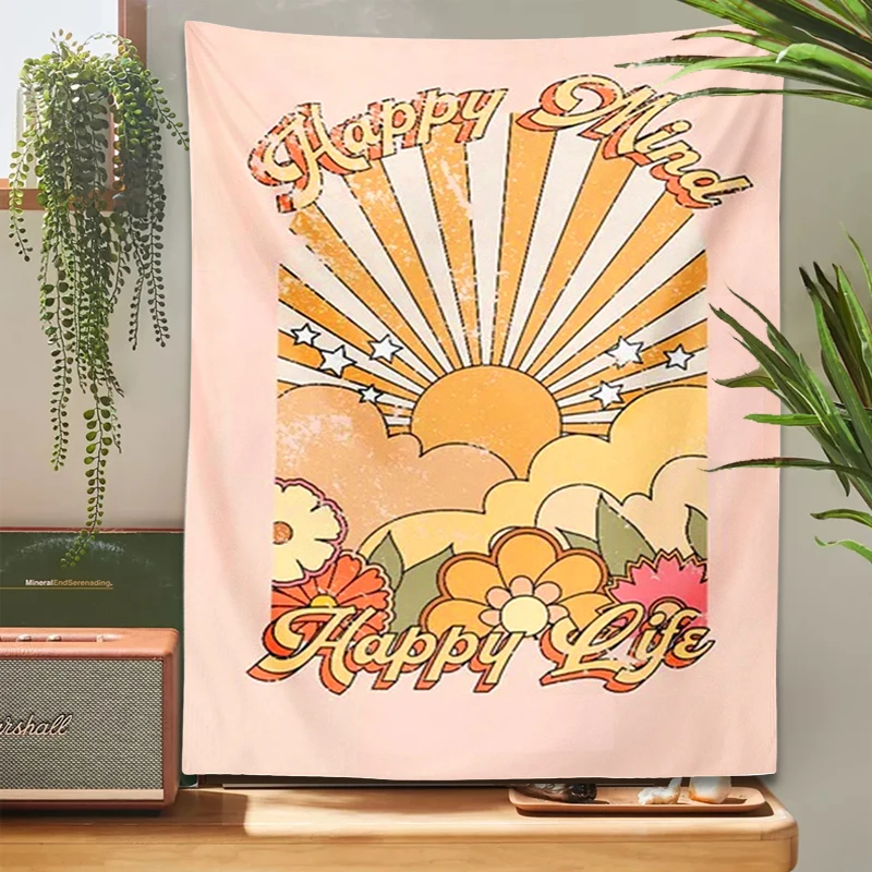 Vintage sun Tapestry Wall Hanging 70s Girl Sunset and Flowers stary happiy mind happiy life Decor Living Room Bedroom Boho Print